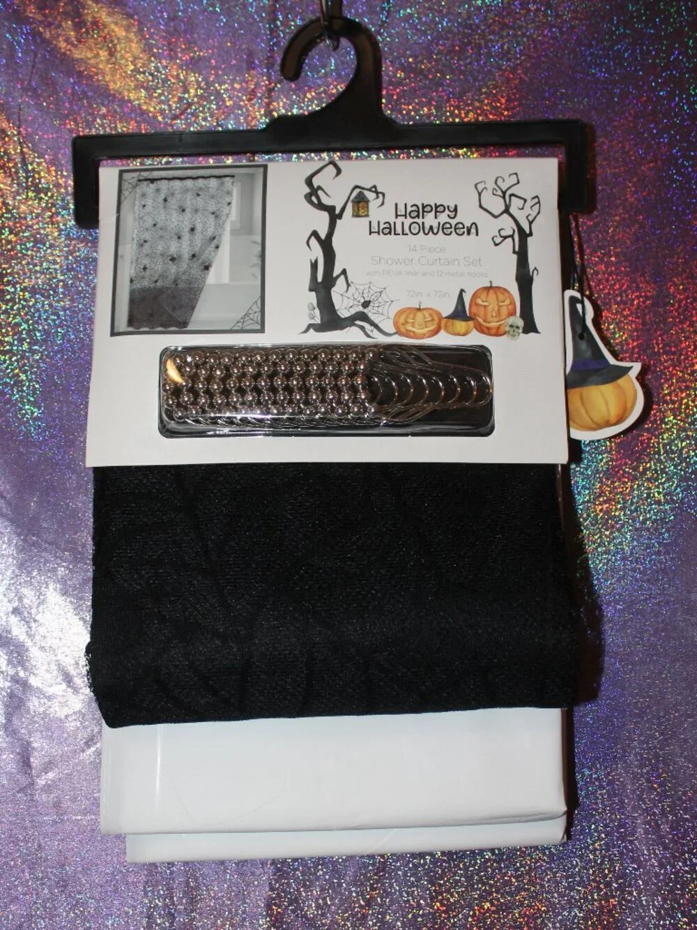 Halloween Sheer Black Lace Spiderweb Shower Curtain Set NWT